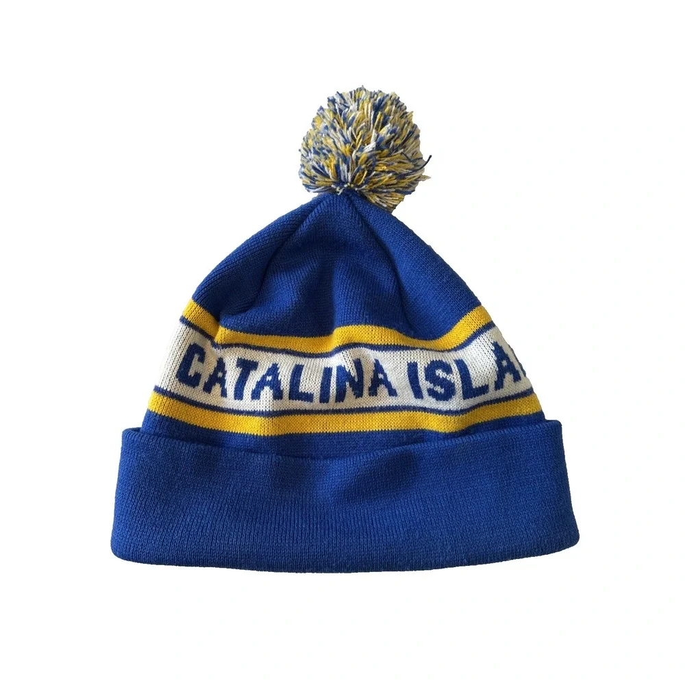 Catalina Island Camps Knit Pom Beanie Hat Retro Gorpcore Skater Blue Yellow